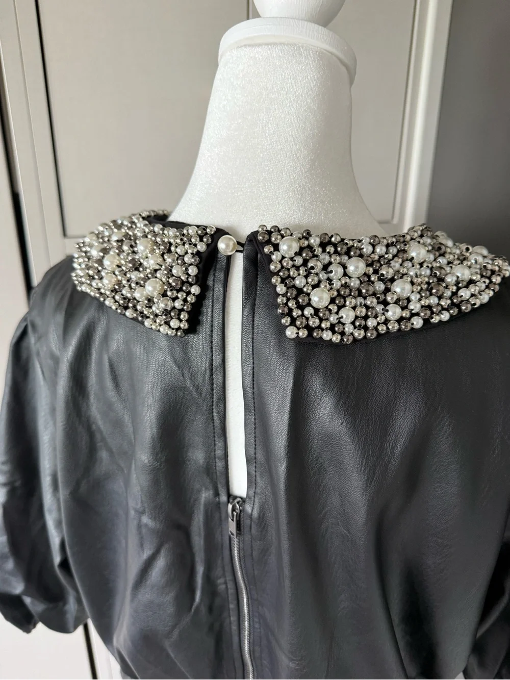 Anthropologie Black Faux-Leather Blouse with Beaded Pearl Collar